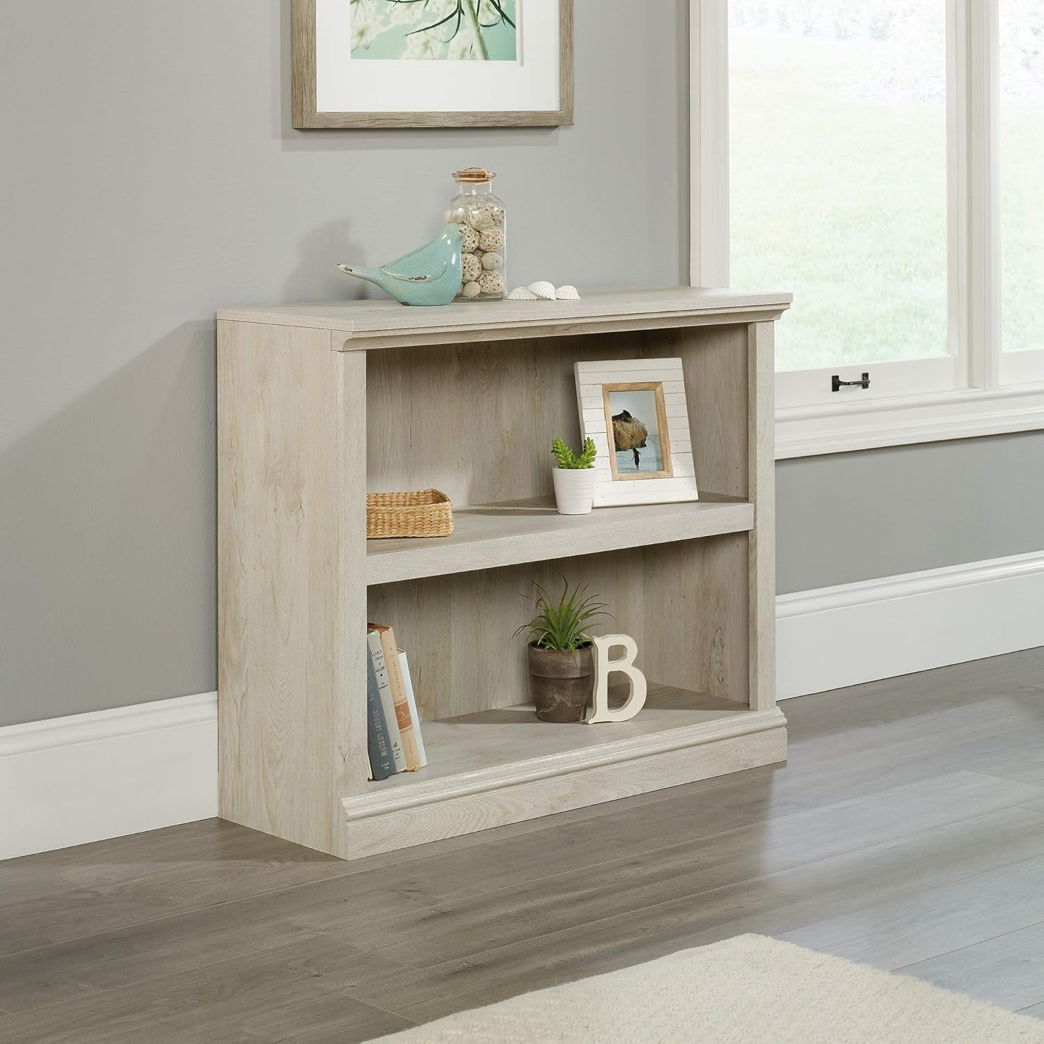 2 Tier Wooden Bookcase Chalked Chestnut Finish Multipurpose For Home Office Living Room